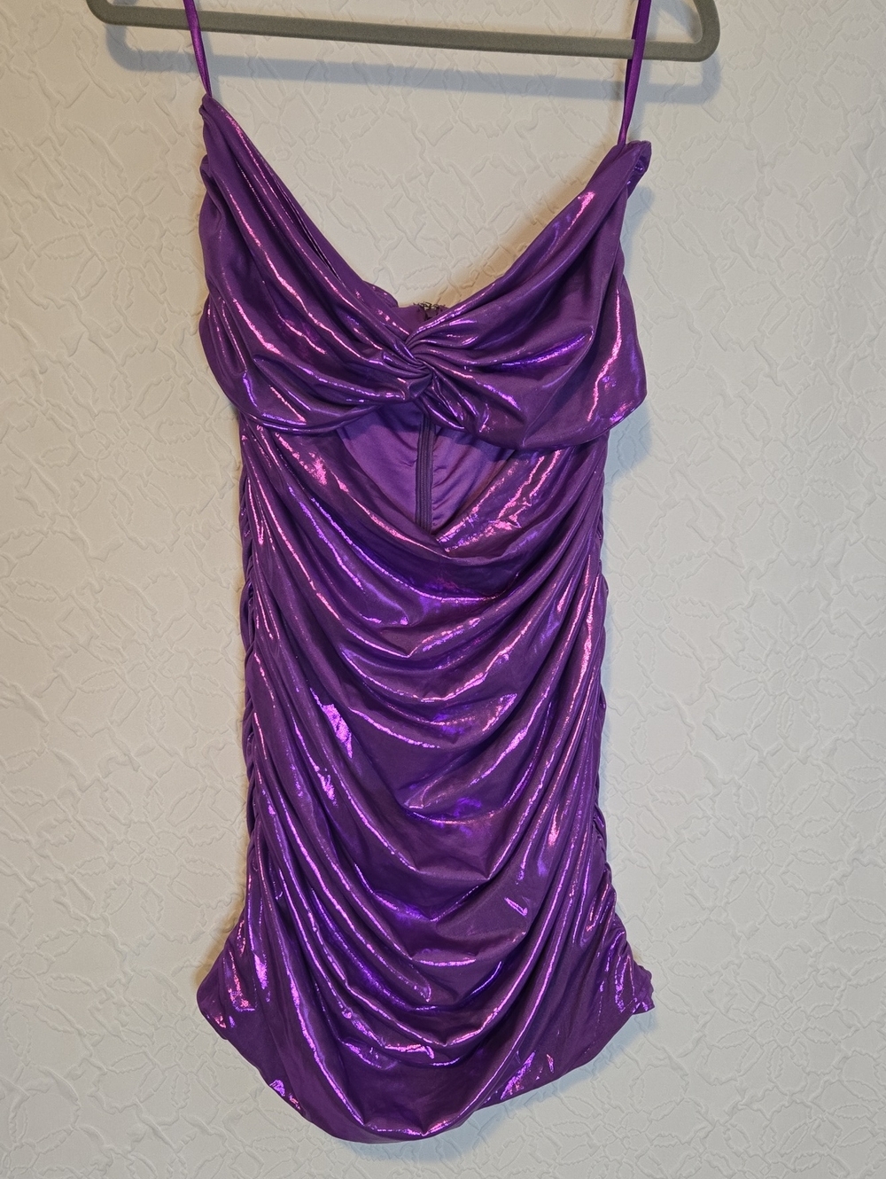 Sexy Slinky Strapless Purple Metallic WFFS mini Dress With Cutout Detail, Large